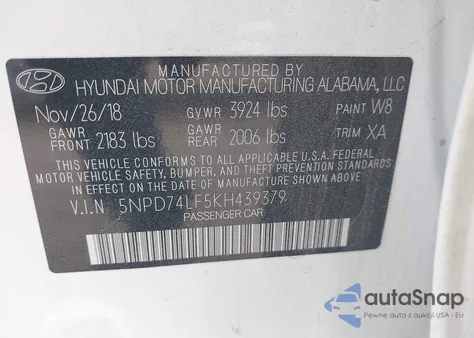2019 Hyundai Elantra Se from USA, damaged, VIN 5NPD74LF5KH439379